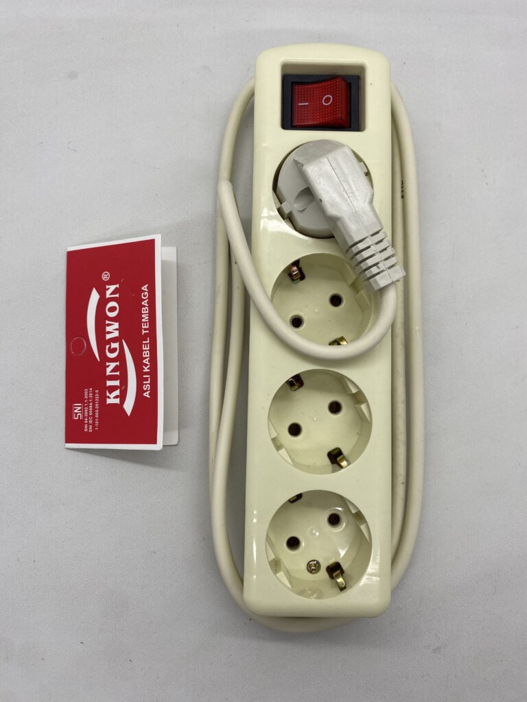Power strip with three sockets and on/off switch for electrical devices.