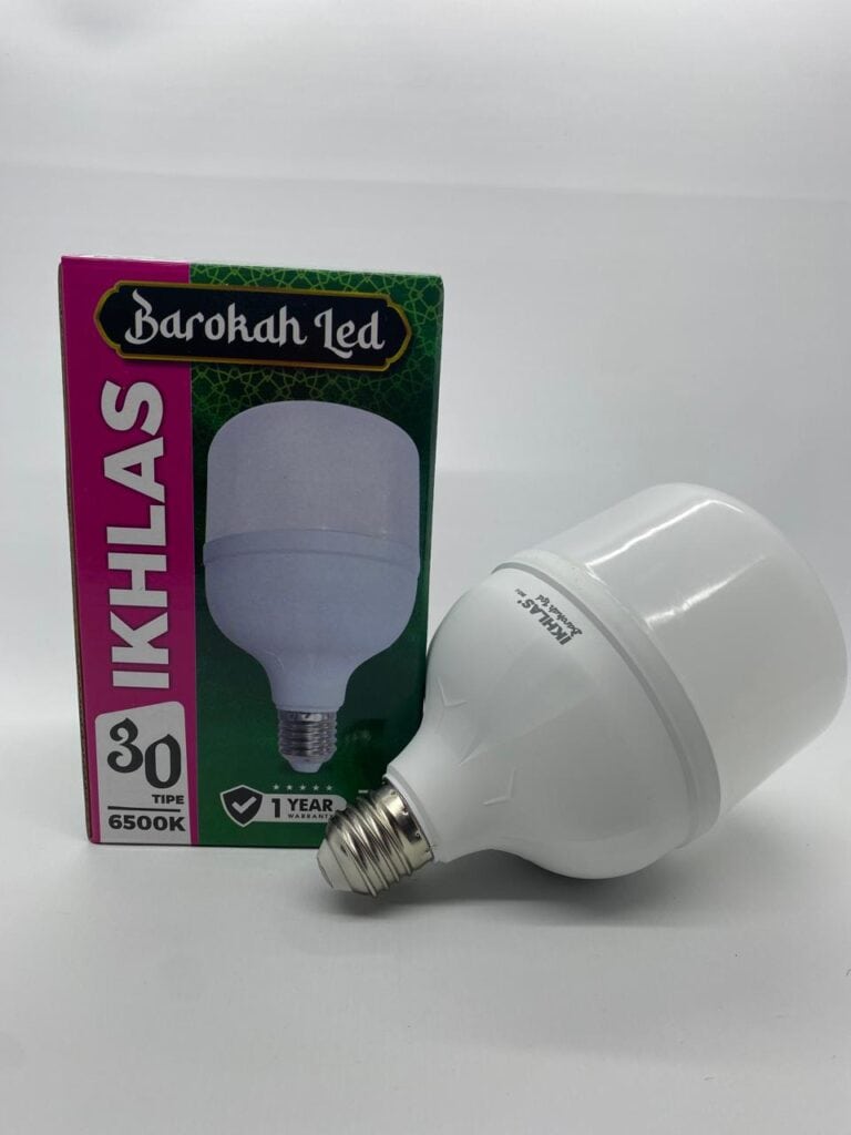 LED bulb for energy-efficient lighting, 6500K, 30W, 1-year warranty.