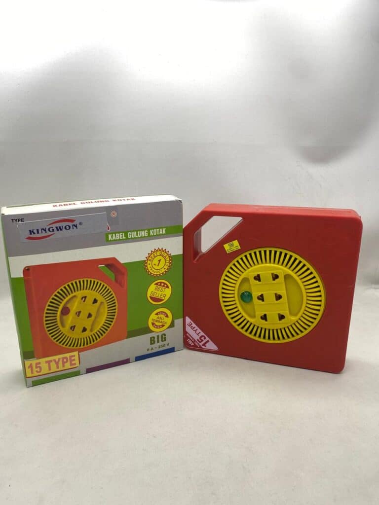 Red and yellow cable reel box for electrical wiring storage.