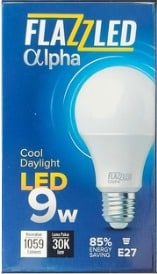 Energy-efficient Flazzled Alpha LED bulb, 9W, ideal for daylight lighting.