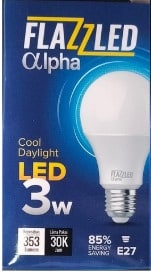 Energy-efficient Flazzled Alpha LED bulb, 3W, ideal for cool daylight lighting.