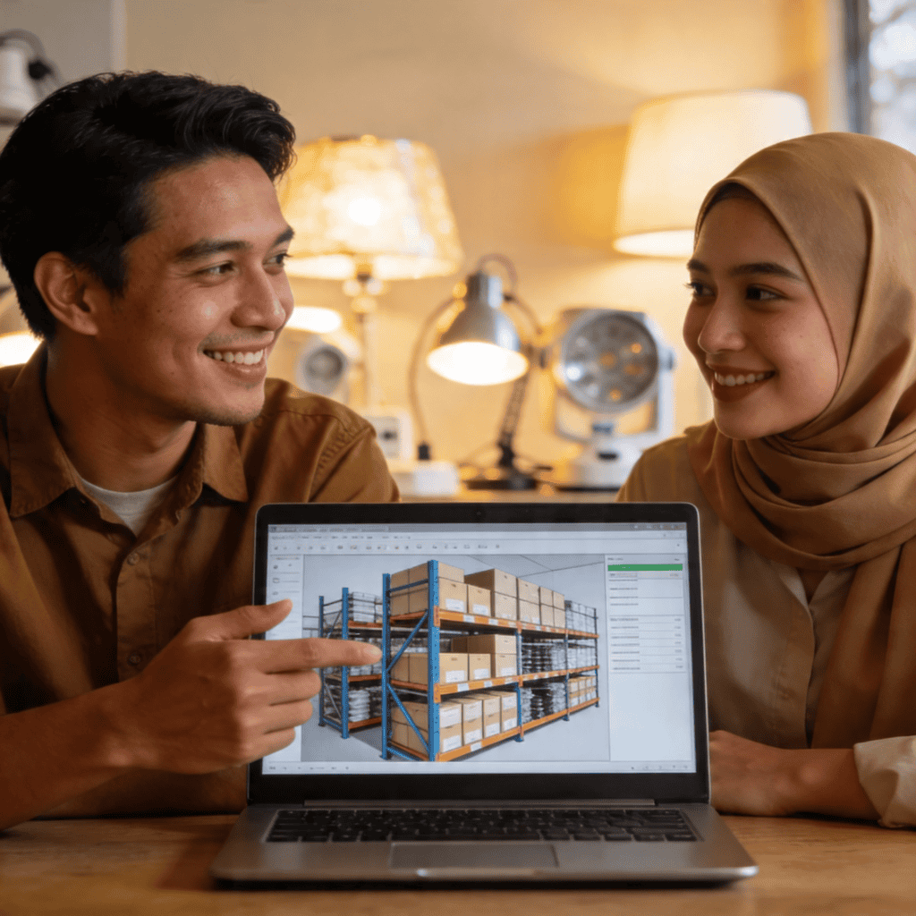 Two colleagues discussing warehouse inventory on a laptop in an office.
