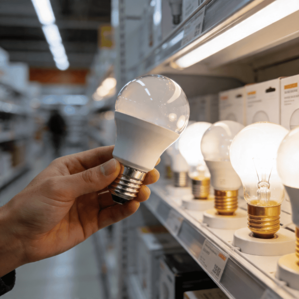 LED light bulb on store shelf for energy-saving lighting.