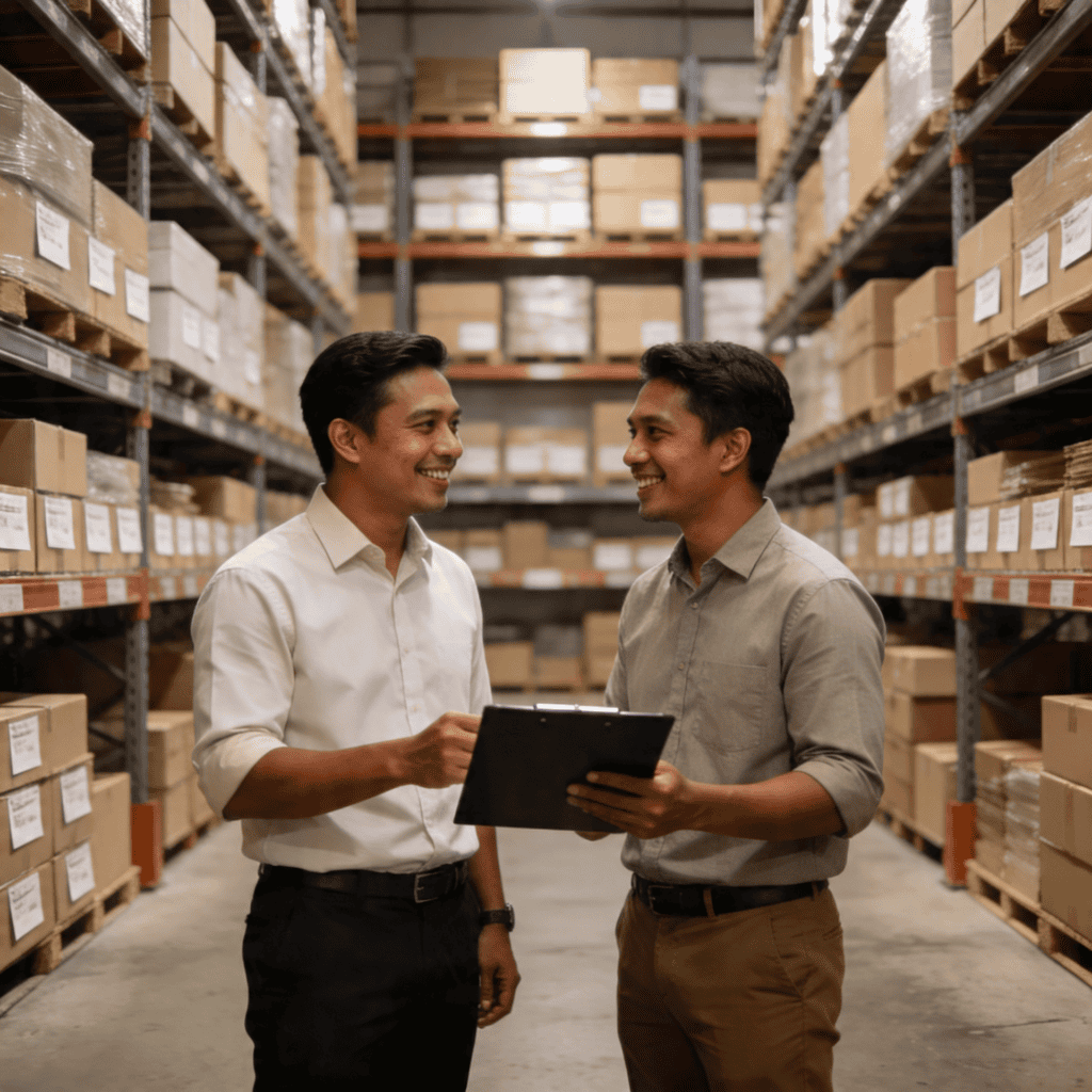 Warehouse inventory management discussion between two men in a storage facility.