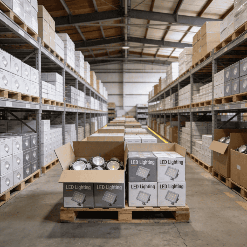 LED lighting products in boxes on pallets in a warehouse setting.